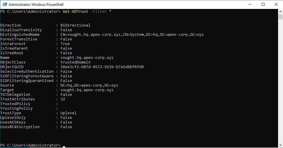 PowerShell Get-ADTrust output showing bidirectional trust between hq.apex-corp.xyz and vought.hq.apex-corp.xyz